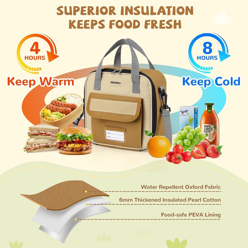 REDSHELL Tactical Lunch Box Kids, Large Insulated Lunch Bag for Boys Girls, Cooler Lunchbag, Square Toddler Lunchbox, School Daycare Lunch Tote Pail with Water Bottle Holder Shoulder Strap, Brown - Image 4